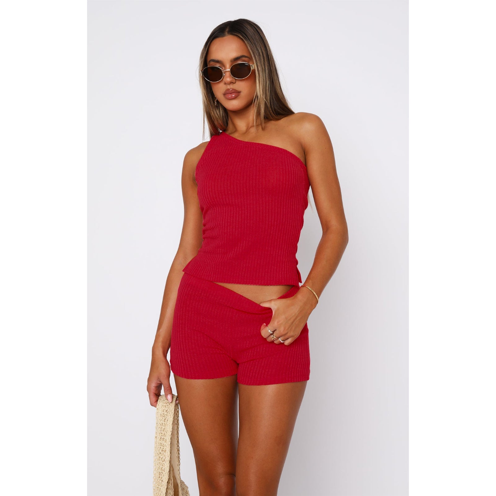 Women's One Shoulder Sleeveless Sweater Ribbed Shorts Two Piece Set 5