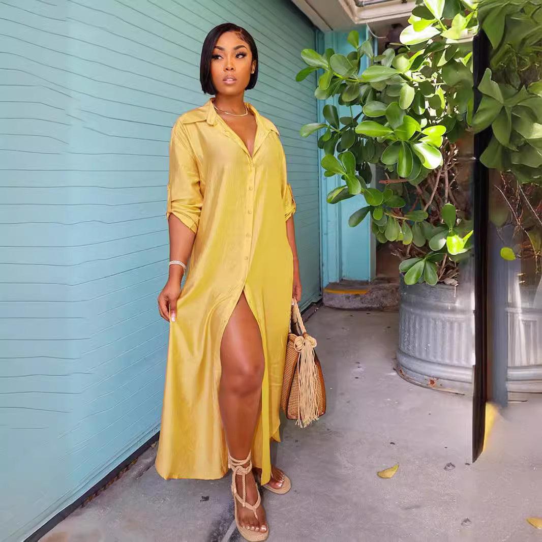 Women Shiny Satin Loose Casual Shirt Dress 3