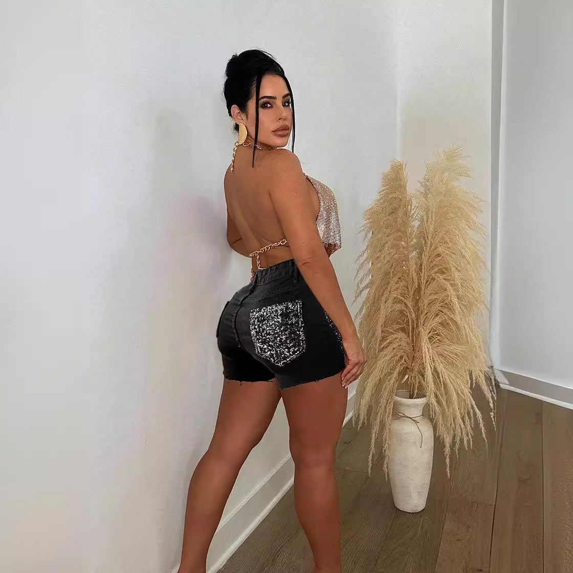 Mid-Rise Buttoned Fashion Sequined Denim Shorts 3