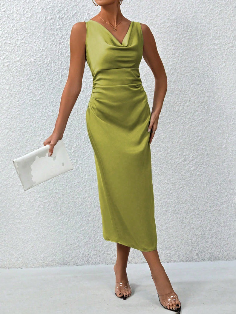 Women Spring and Summer Pleated Sexy Satin Maxi Dress 3