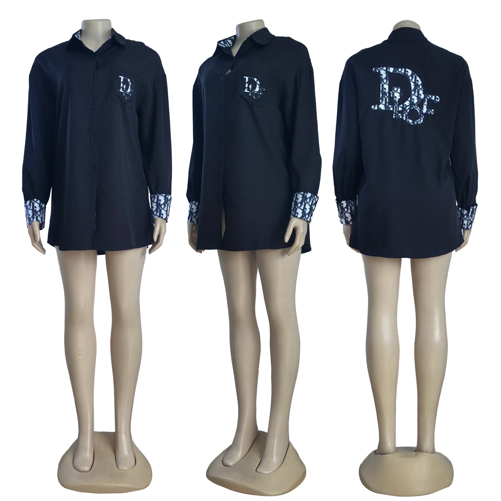 Women long-sleeved solid embroidered letter shirt (with pockets) 7