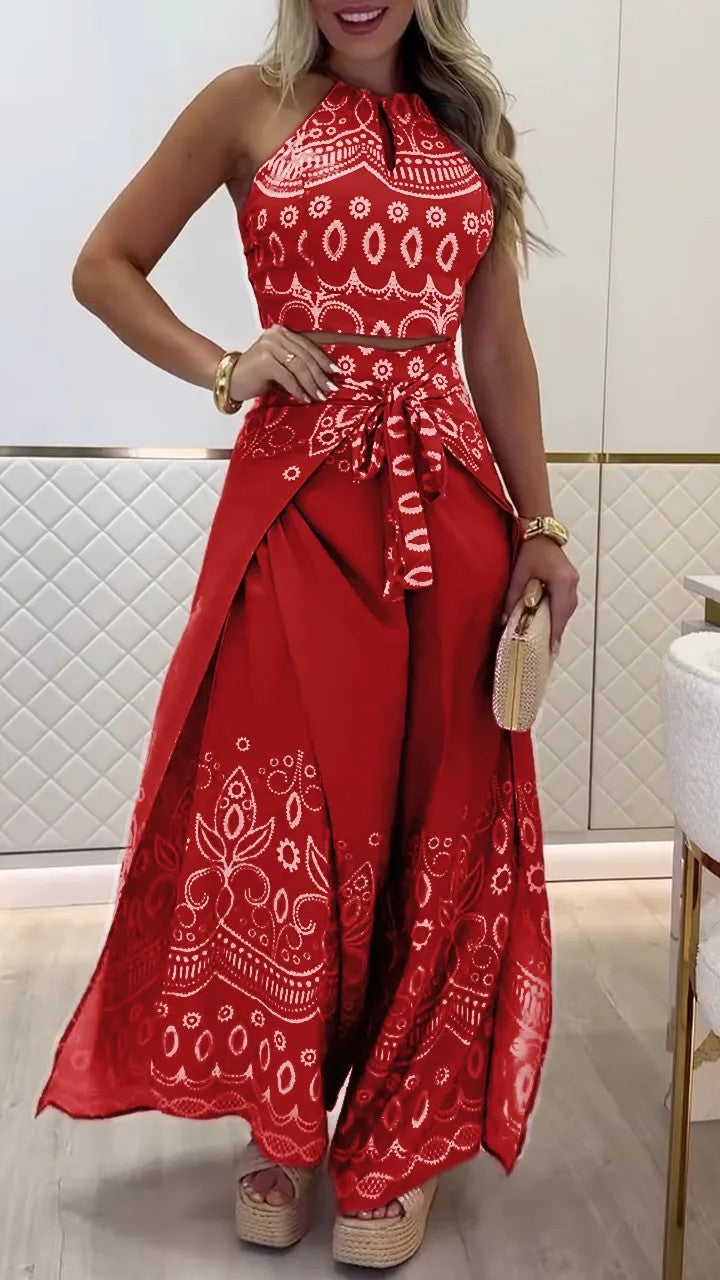 Spring/Summer Retro Ethnic Style Halter Neck Top Wide-Leg Pants Two Piece Set 10