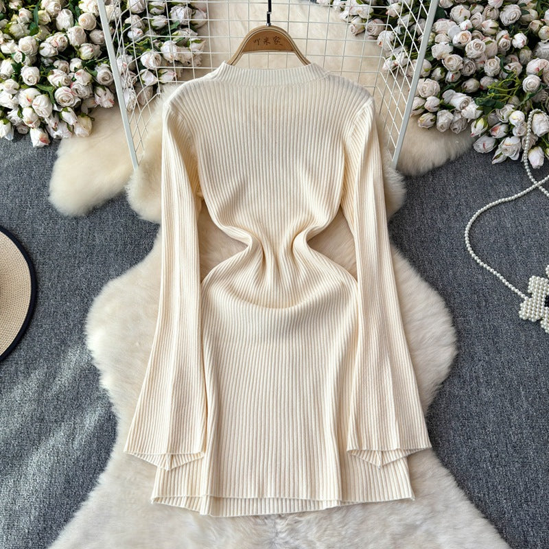 Women Autumn Long Sleeve Knitting Round Neck Dress 5