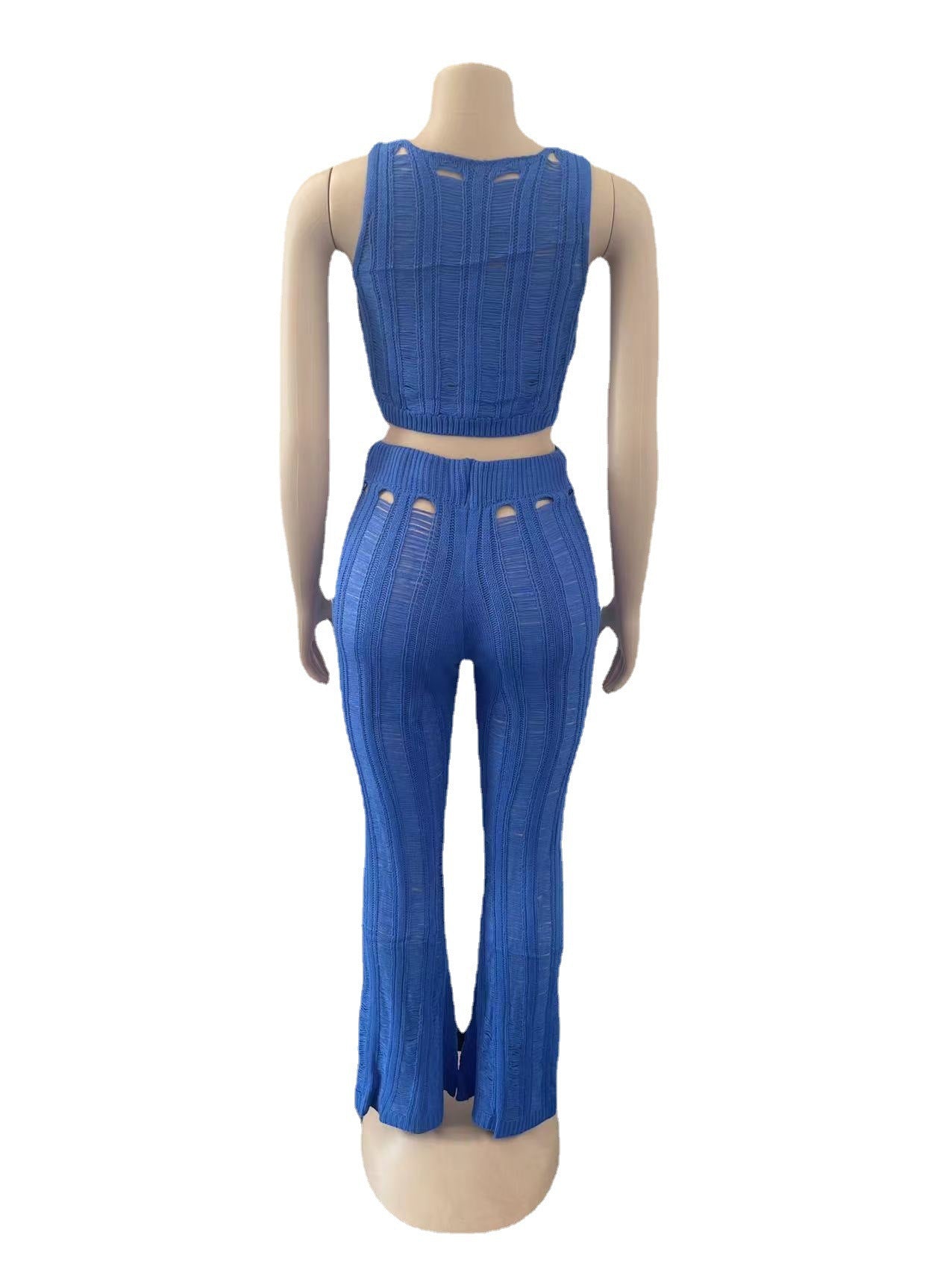 Summer Women Sexy Round Neck Sleeveless Ripped Crop Top and Pant Two-Piece Set 21