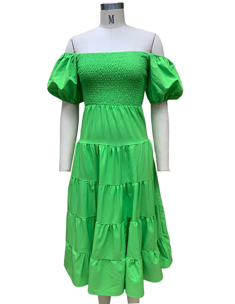 Summer Women's Fashion Loose Off Shoulder Puff Sleeve A-Line Midi Dress 18