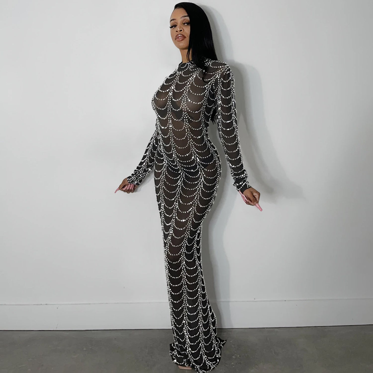 sexy rhinestone bead long sleeve see through long club dress 4