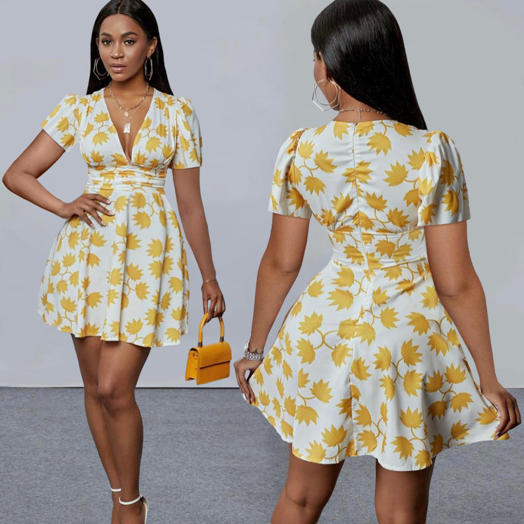 Deep V Neck Slim Waist Pleated Dress