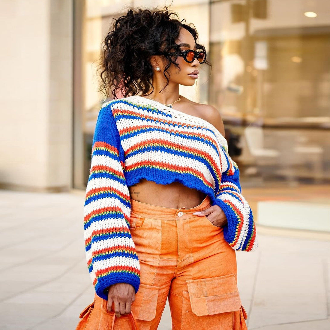 Women Fall/Winter Long Puff Sleeve Striped Sweater