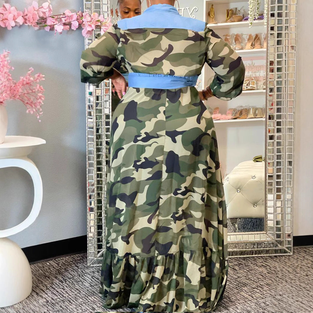 Plus Size Women Denim Patchwork Camouflage Dress