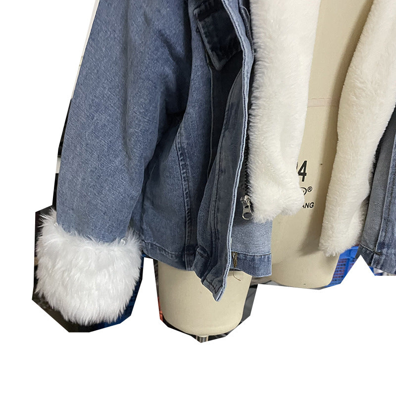 Women Winter Loose Fur Collar Turndown Collar Denim Jacket 4