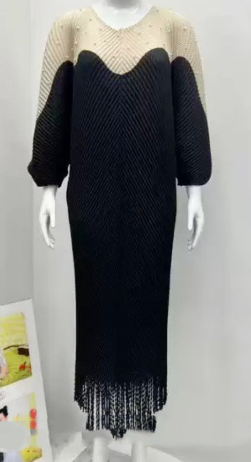 Beaded Plus Size African Fashion Bat Sleeve Color-Block Midi Loose Women's Dress 19