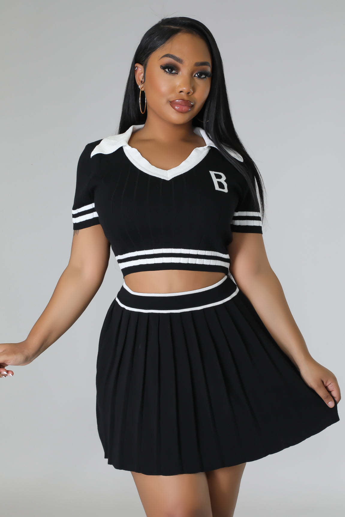 Women's Knitting Sports Pleated Skirt Cropped Short Sleeve Top Two Piece Set 3