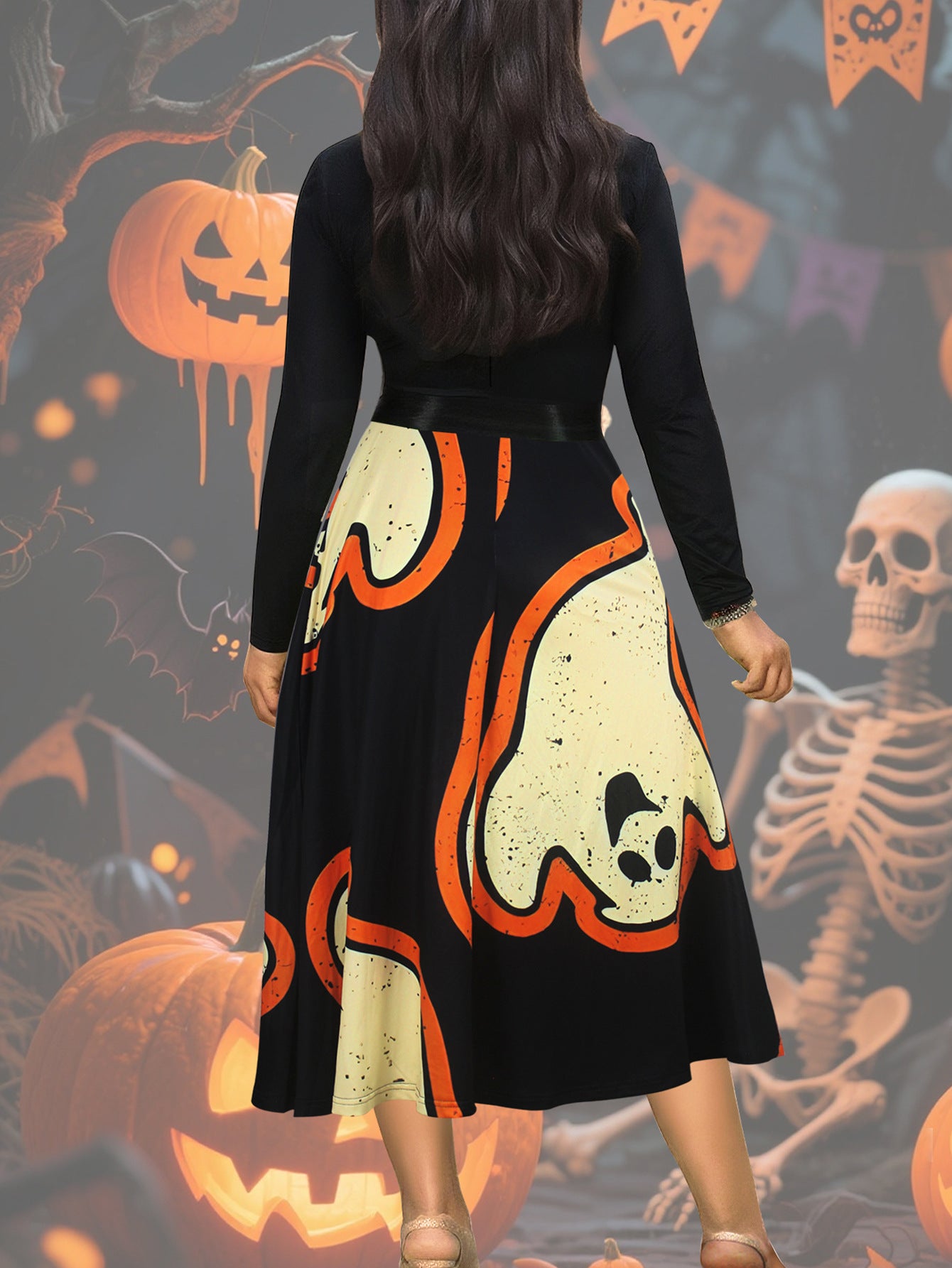 Women Halloween Long-Sleeved Round Neck Dress with Bow 3