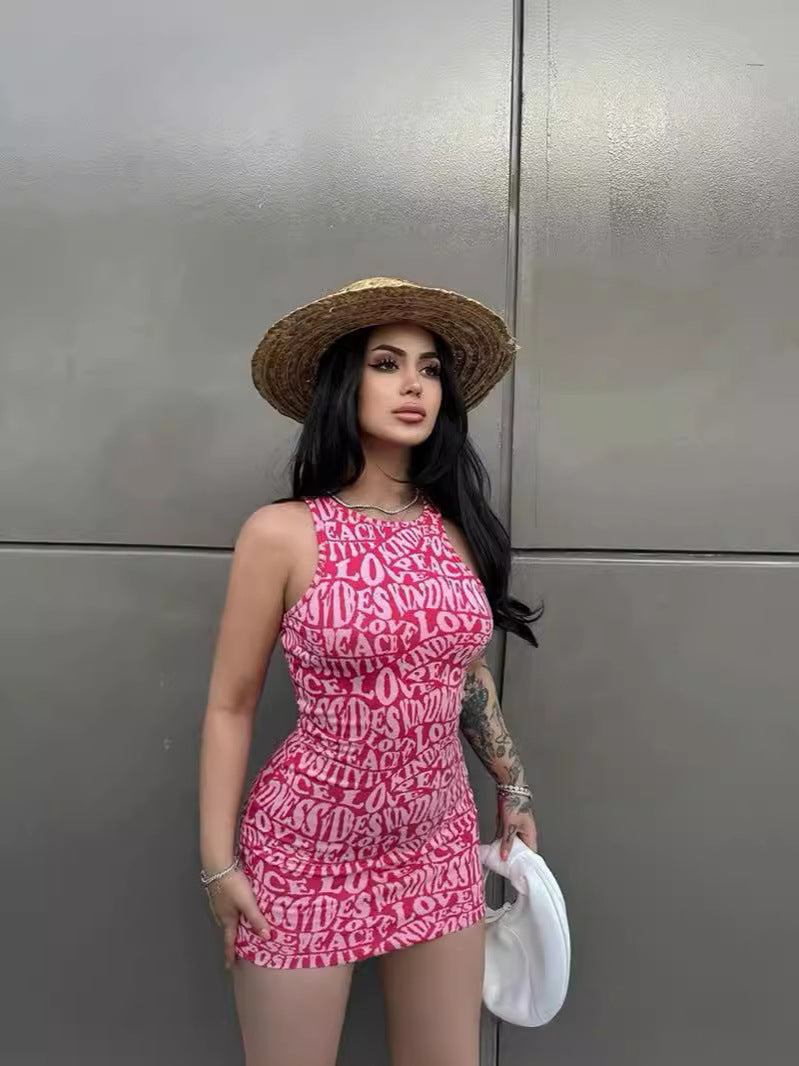 Women Sexy Summer Letter Print Round Neck Sleeveless Bodycon Dress 5