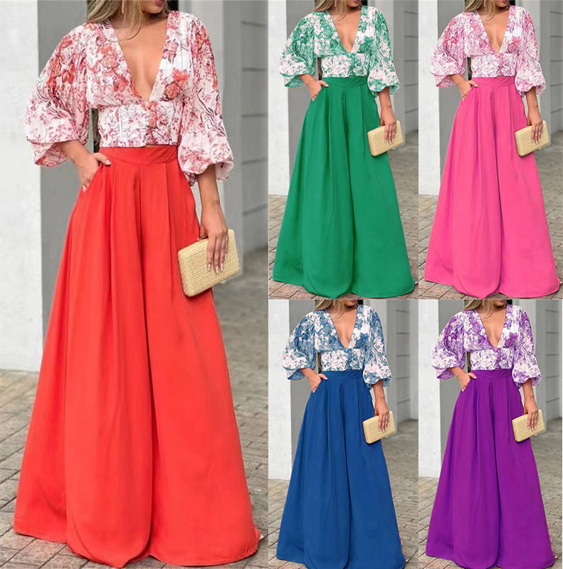 Autumn V-Neck Women'S Puff Sleeve Print Top Wide Leg Pants Fashion Two Piece Set
