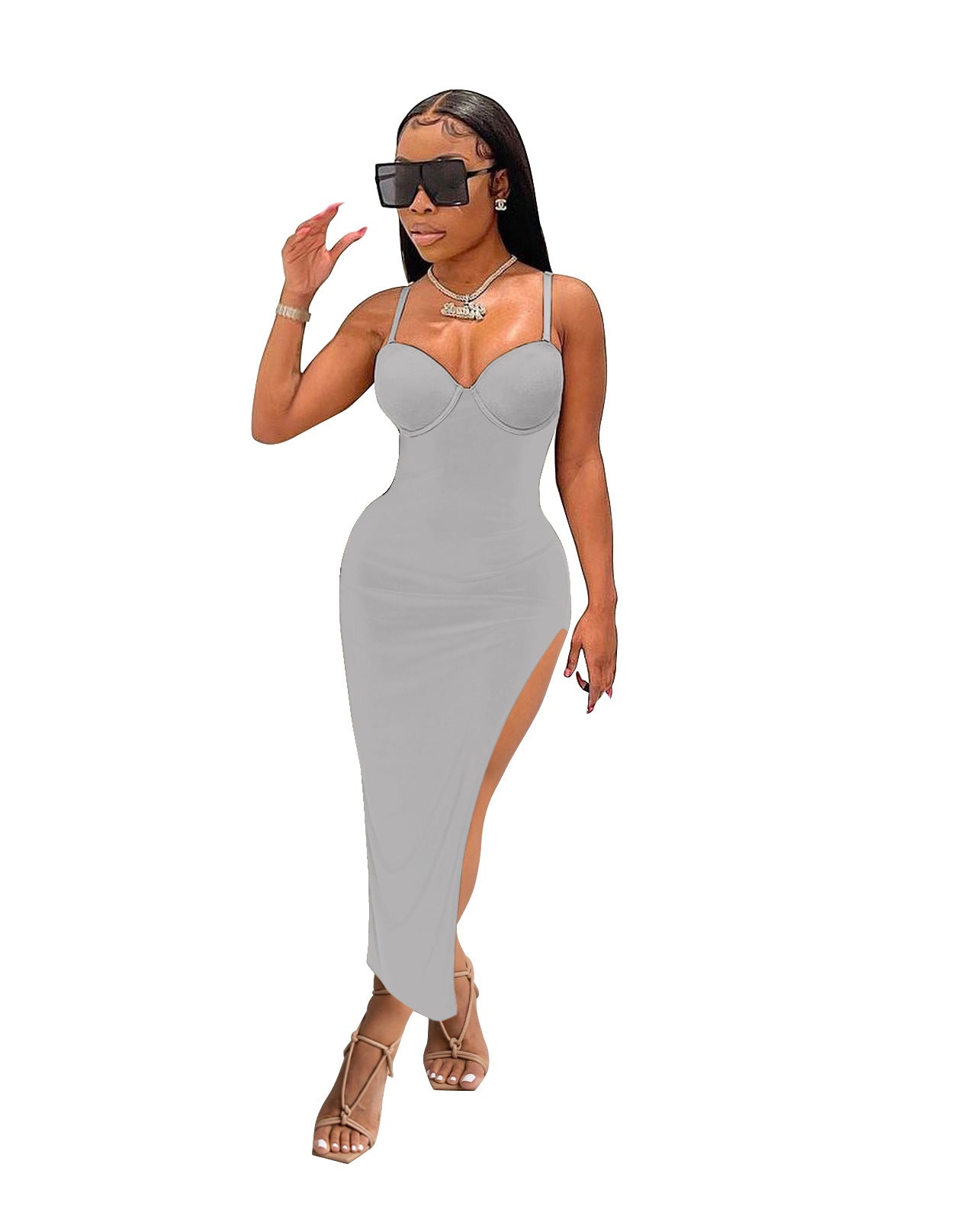Women Sexy Low-Cut Backless Solid Color Straps Slit Bodycon Dress 5
