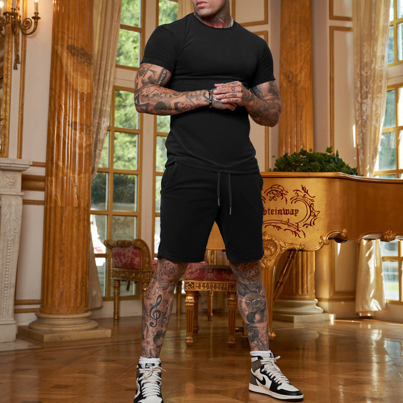 Summer Men'S Solid Color Short-Sleeved T-Shirt Shorts Sports Two Piece Suit 17