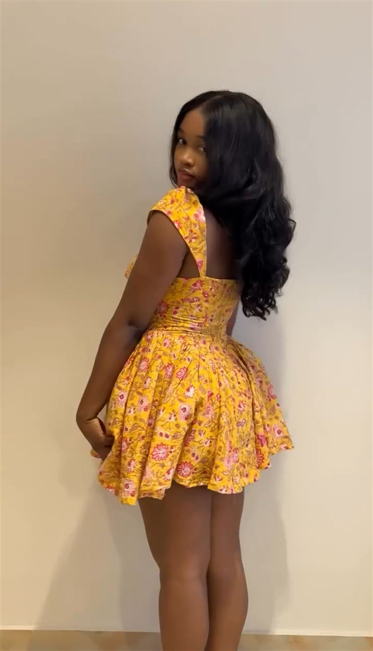 Women Summer Square Neck Printed Irregular Mini Dress 8