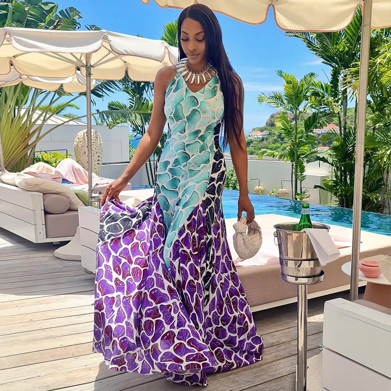 Fashion Printed Women's Patchwork Slim Waist A-Line Casual Chic V-Neck Maxi Dress 3