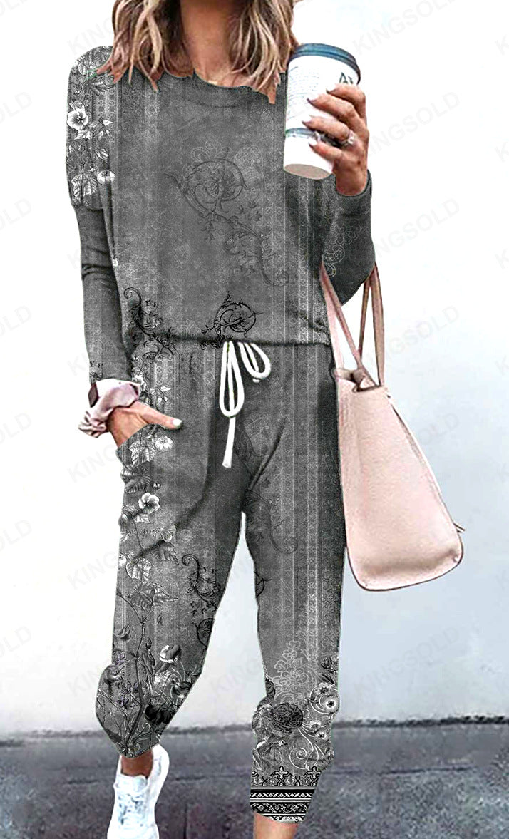 Women Loose Solid Long Sleeve Top and Pant Casual Two-piece Set 50