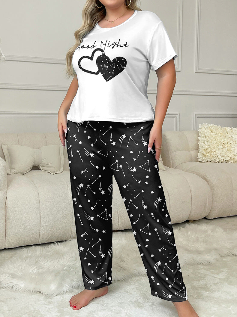 Women's Home Clothes Plus Size Pajamas Short Sleeve Two-Piece Pants Set 9
