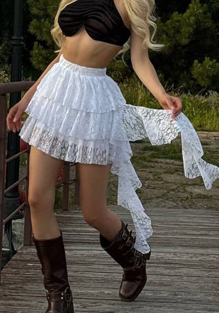 Women lace cascading ruffles irregular solid skirt