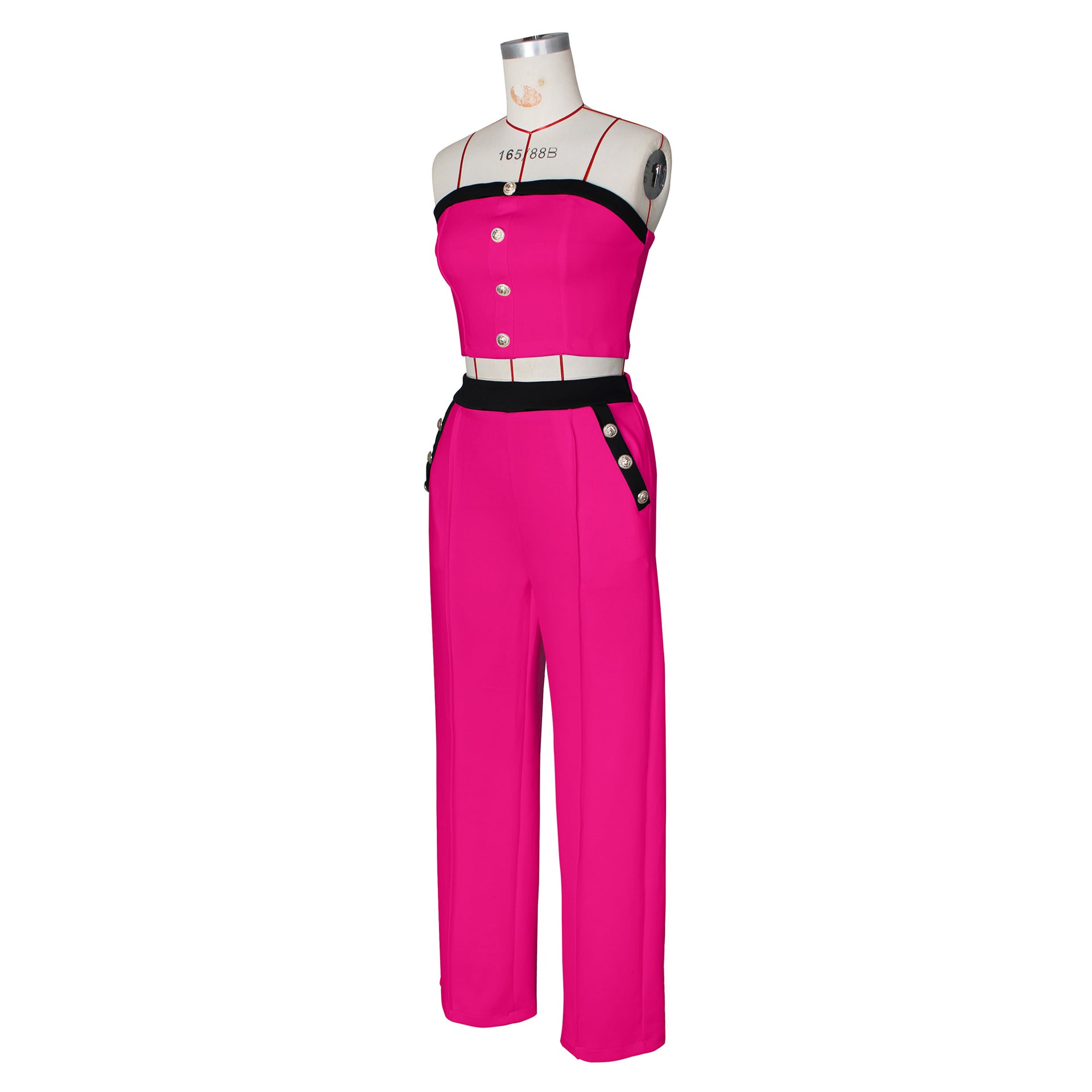 Sexy Color Blocked Decorative Button Straight High Waist Wide Leg Women's Pants Set 31