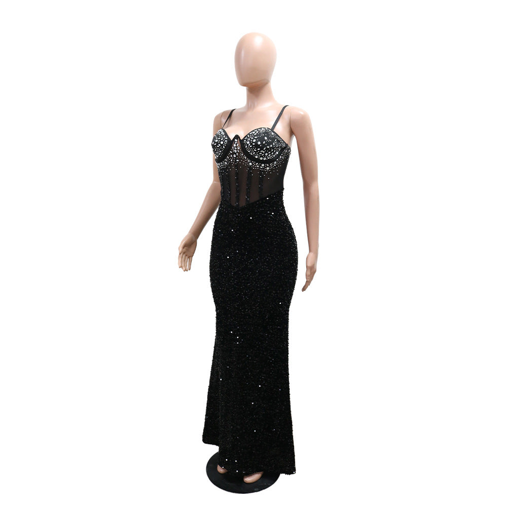 Women Velvet Sequin Beaded Strap Long Party Dress Dress 10
