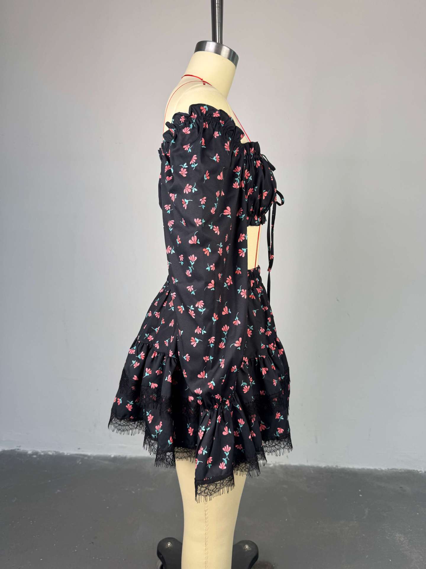 Women summer lace printed lantern sleeves Strapless shirt and skirt two-piece set 5