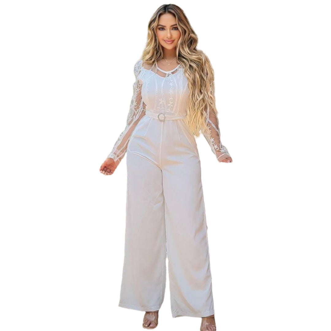 Women's Mesh See-Through Patchwork Embroidery Sexy Jumpsuit (Includes Belt) 7