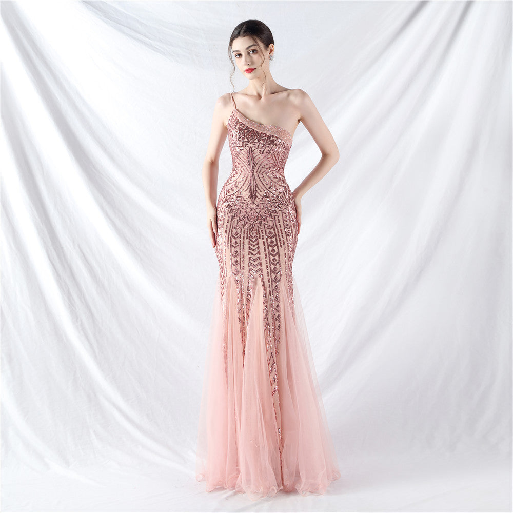 Sexy One Shoulder Sequins Mesh Patchwork Evening Dress