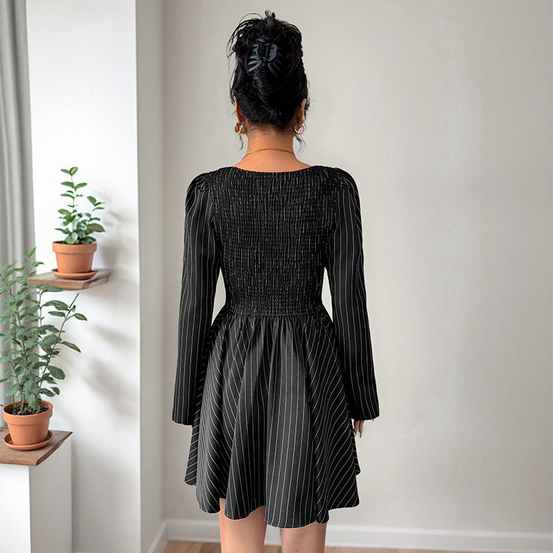 Elegant Contrast Patchwork Striped Long-Sleeve Autumn Dress 3