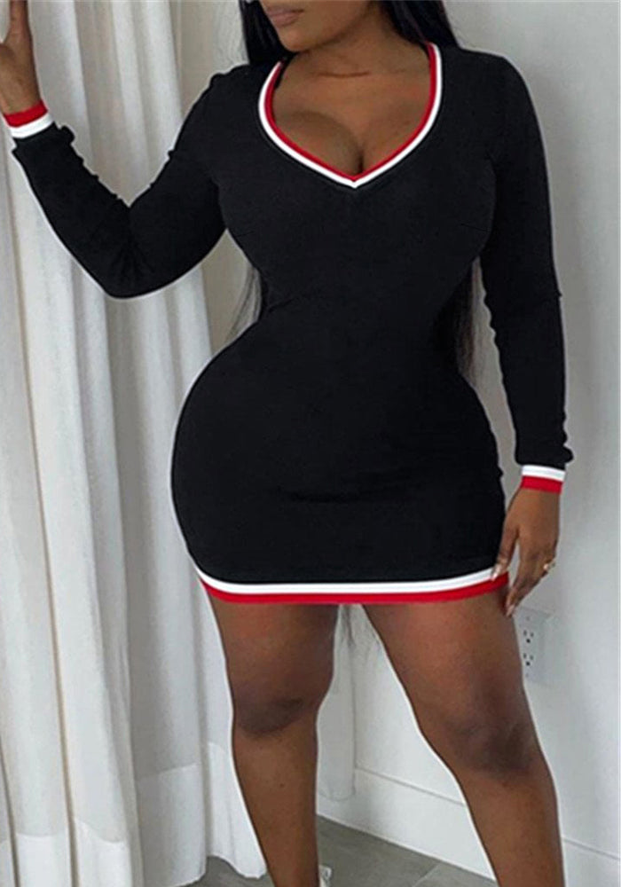 Women's Plus Size Slim V Neck Solid Color Long Sleeve Bodycon Dress
