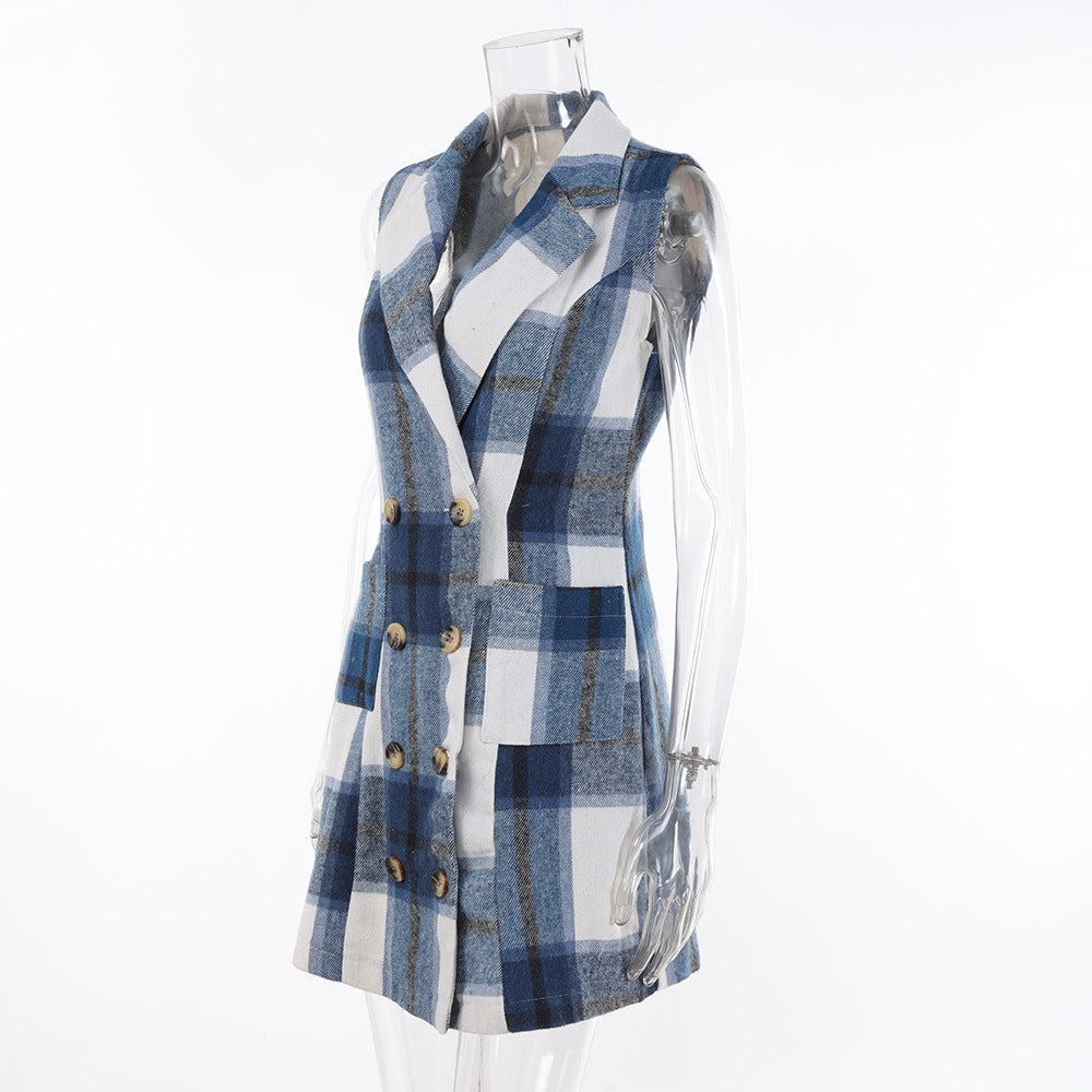 Women's Fashion Plaid Long Vest Turndown Collar Sleeveless Blazer 35