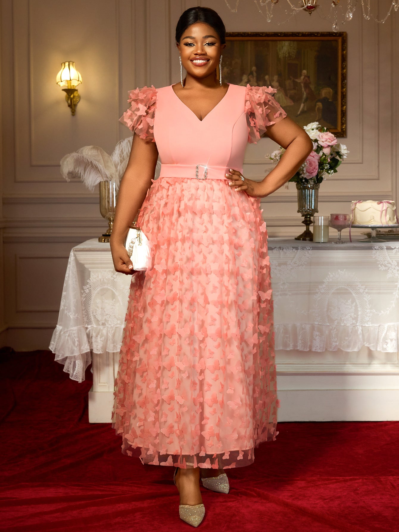Plus-Size Women V-Neck Ruffle Sleeve Butterfly Formal Party Dress