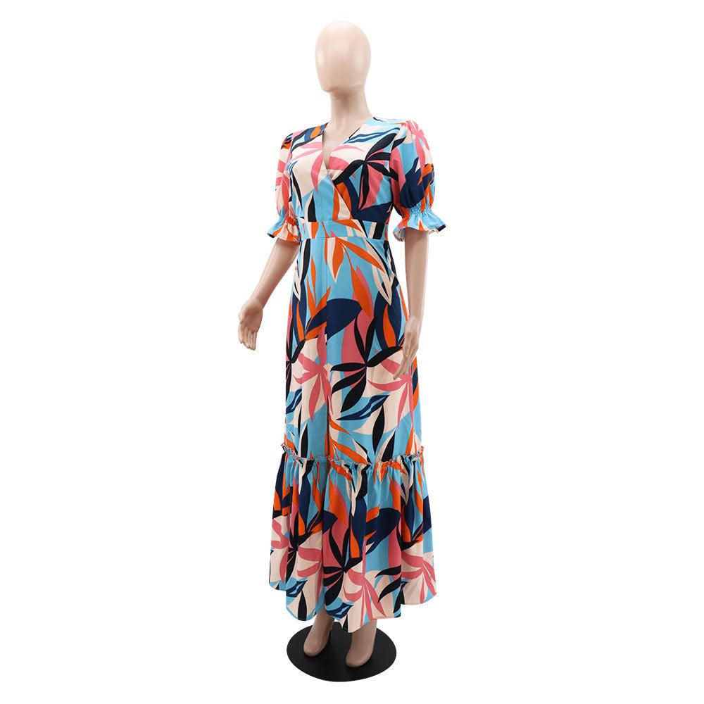 Women's Printed Puff Sleeve V-Neck Ruffle Long Dress 4