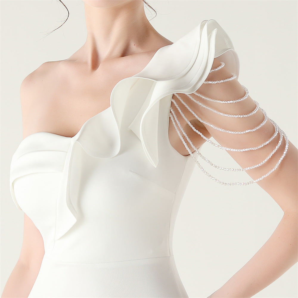 Women ruffled one-shoulder beaded fishtail formal party evening dress 36