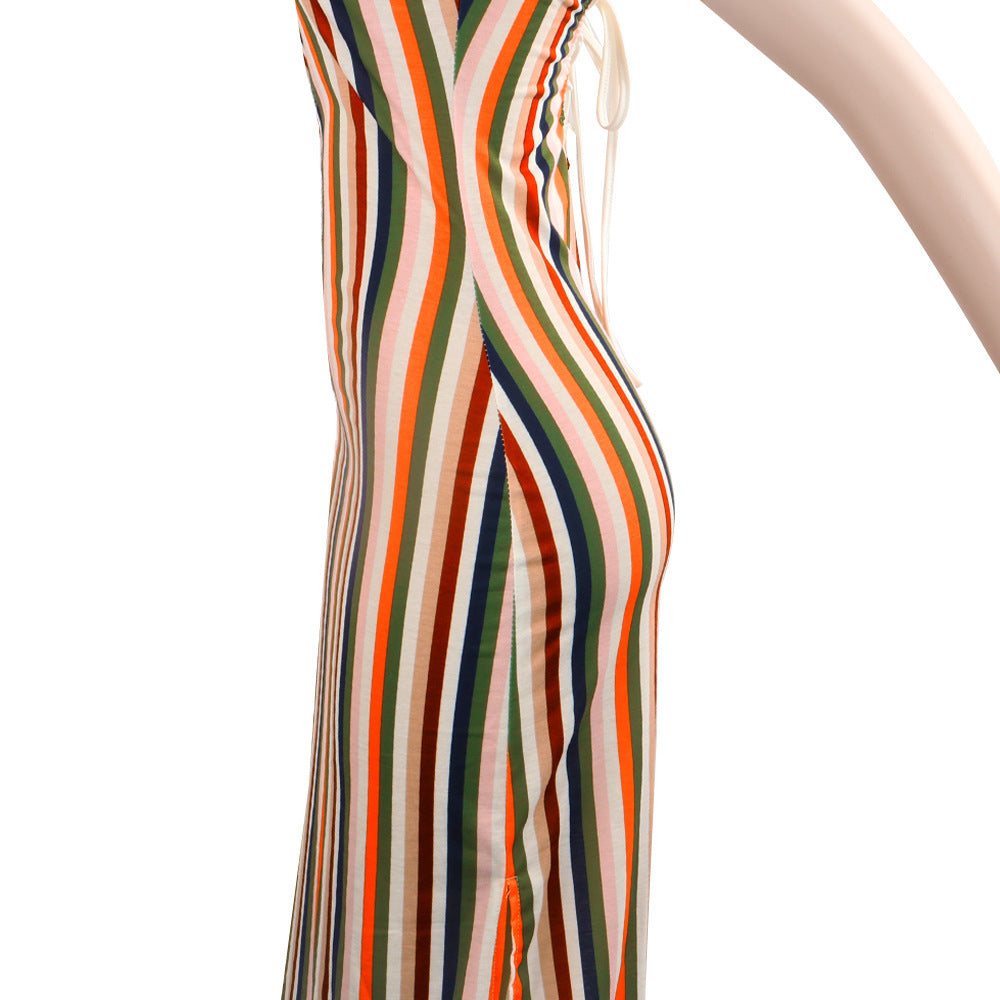 Women sexy striped Backless suspender slit dress 11