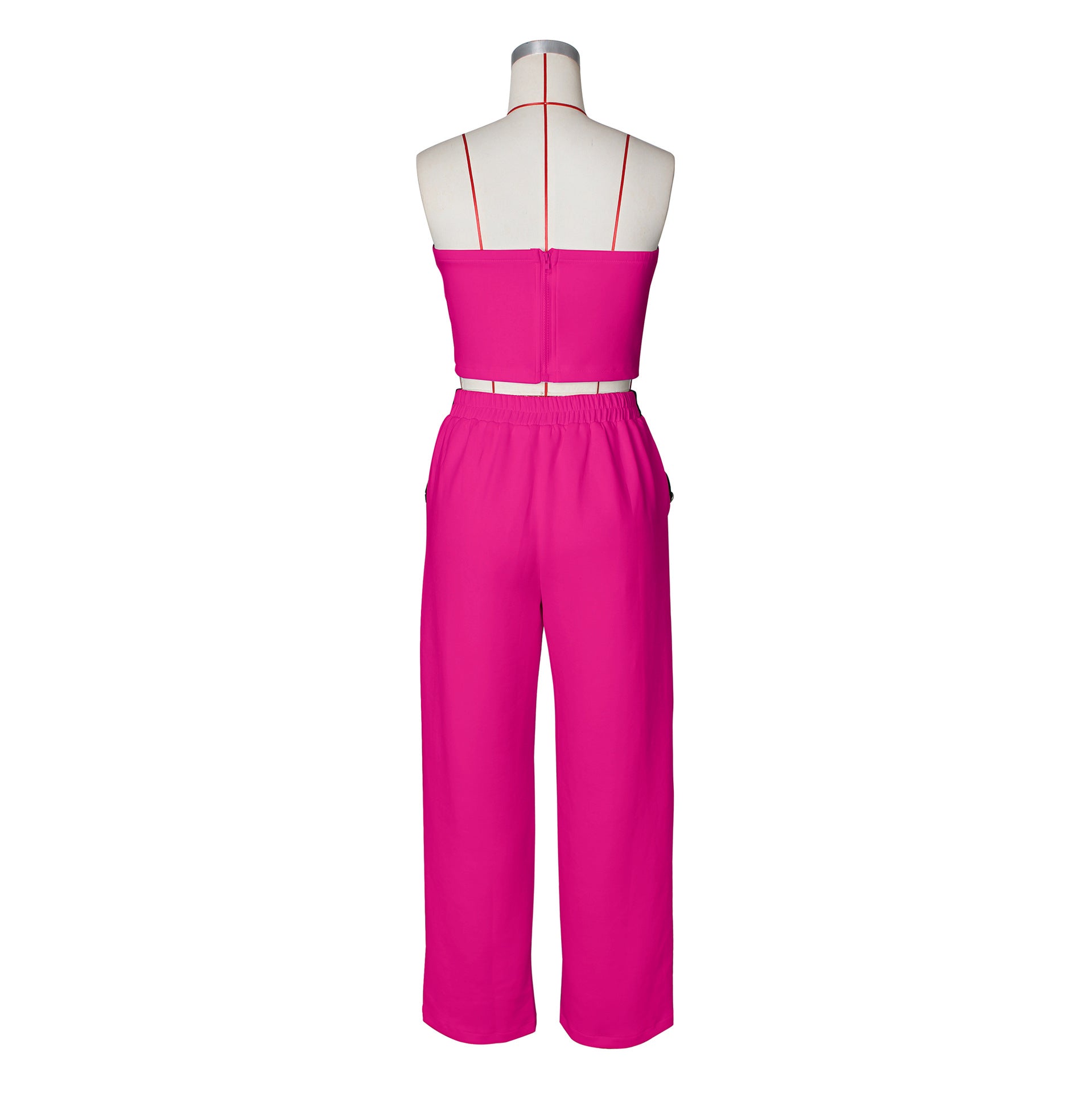 Sexy Color Blocked Decorative Button Straight High Waist Wide Leg Women's Pants Set 32