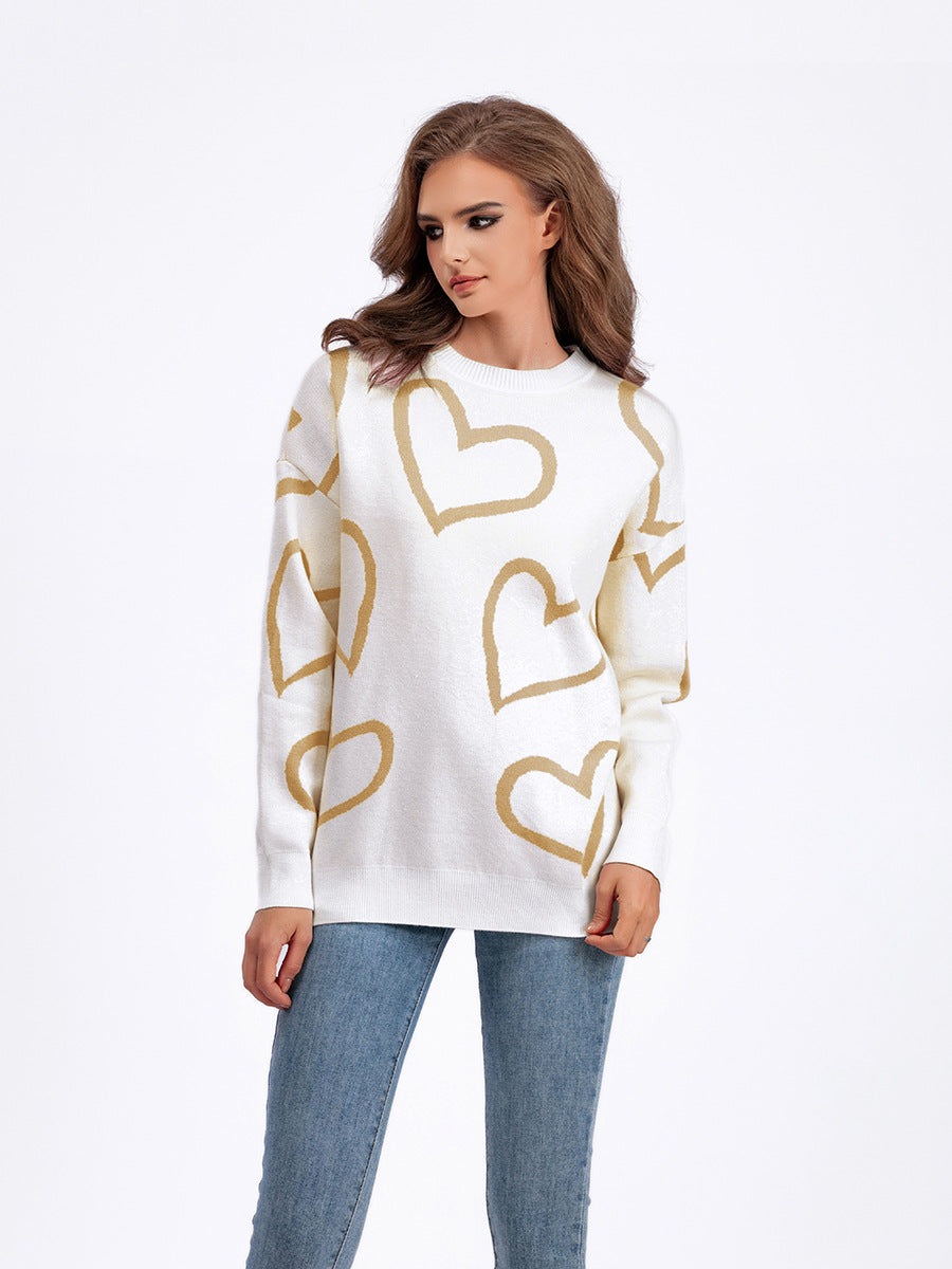 Women Round Neck Heart Print Contrast Sweater 9