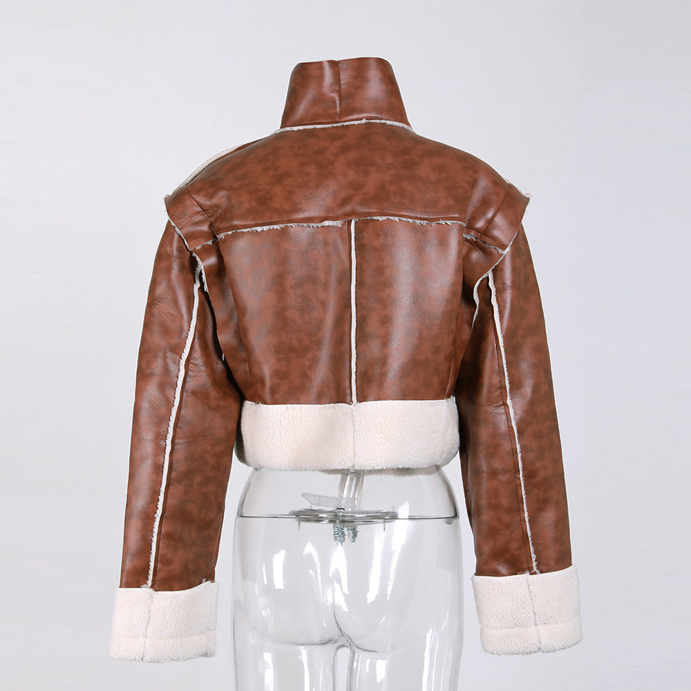 Winter Color Matching Lambswool Fur Trend Coat 7