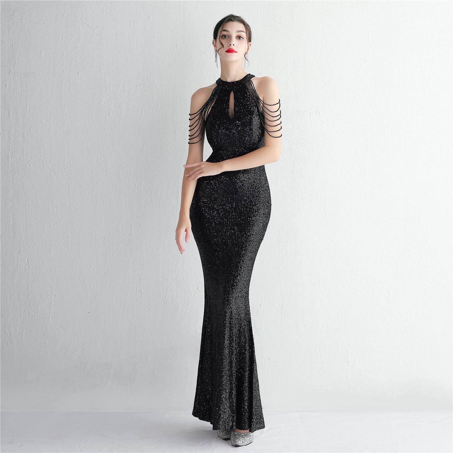 WomenElegant Sequined Halter Neck Evening Dress 16