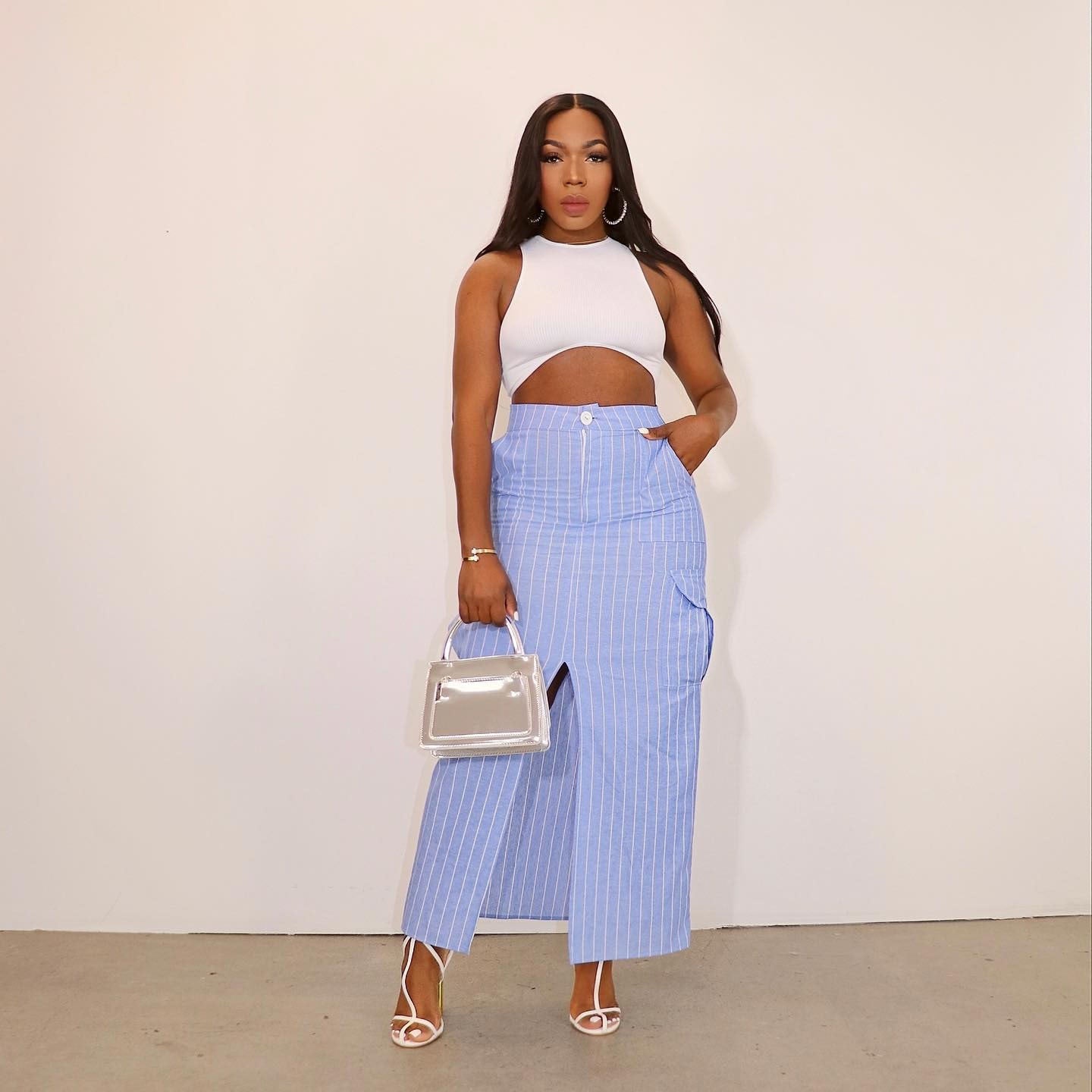 Women summer striped split cargo skirt 3