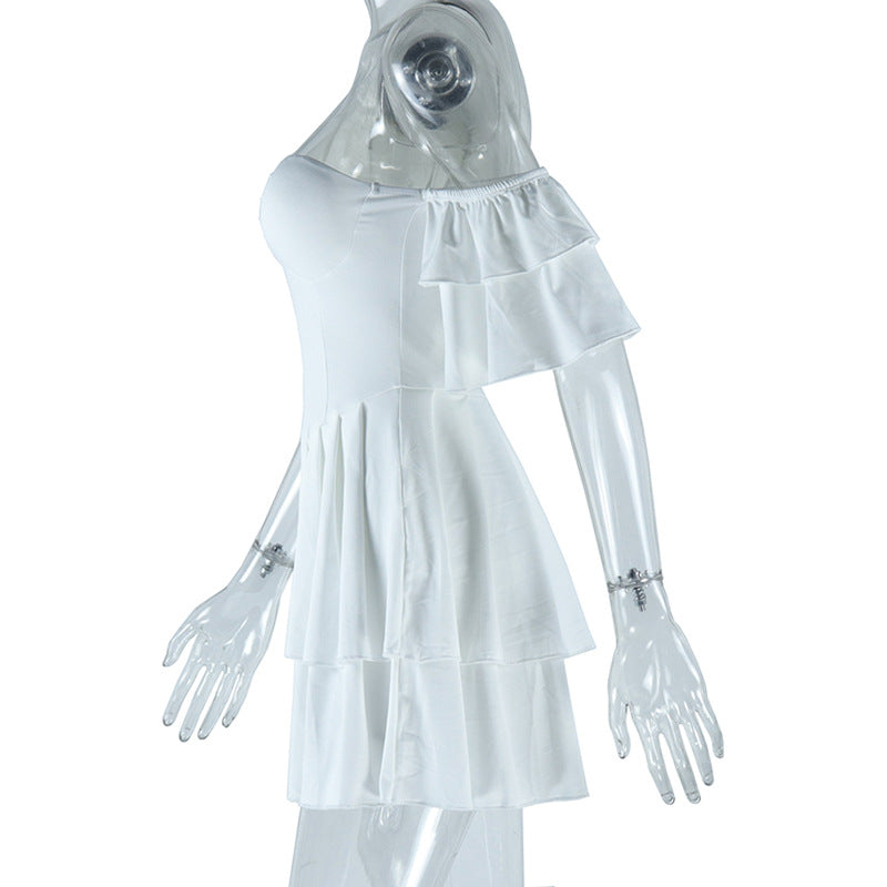 Women Solid Ruffle Sleeve Irregular Slash Shoulder Cascading Ruffles Dress 12