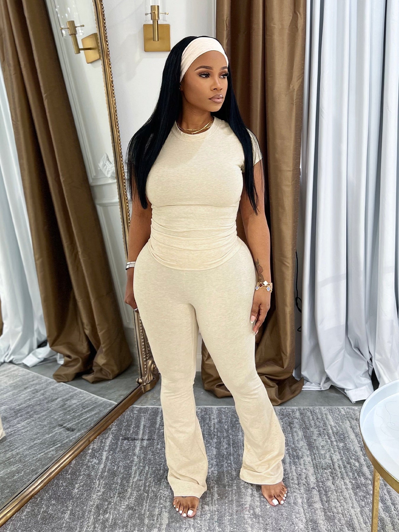 Women Casual with Headband Round Neck T-Shirt and Bell Bottom Pants Two-Piece Set