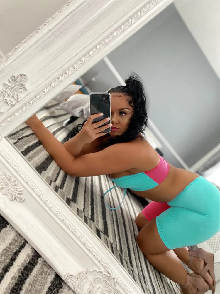 Contrast Color One Shoulder Two Piece Shorts Set 10