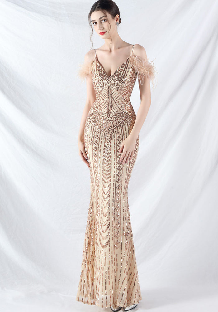 Strap V-Neck Feather Formal Party Evening Dress