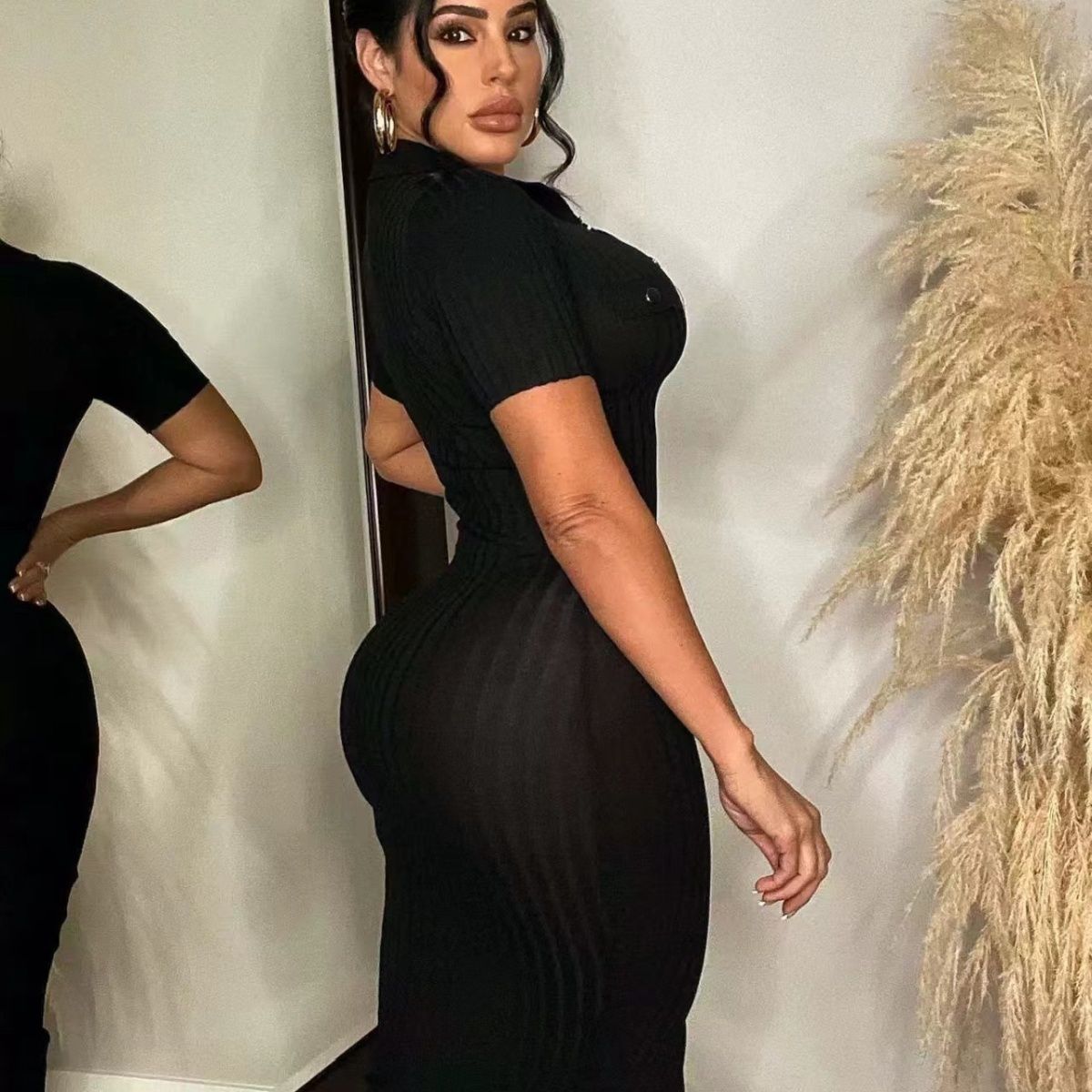 Summer Slim V-Neck Knit Dress Short Sleeve Casual Sweater Dress 5