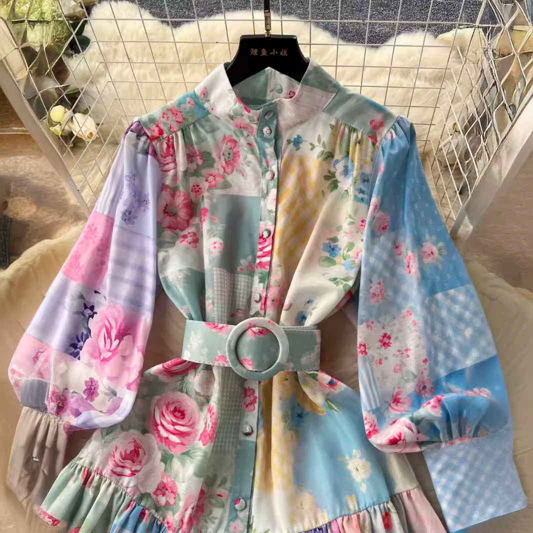 Women Stand Collar Lantern Long Sleeve Ruffle Printed Dress 3