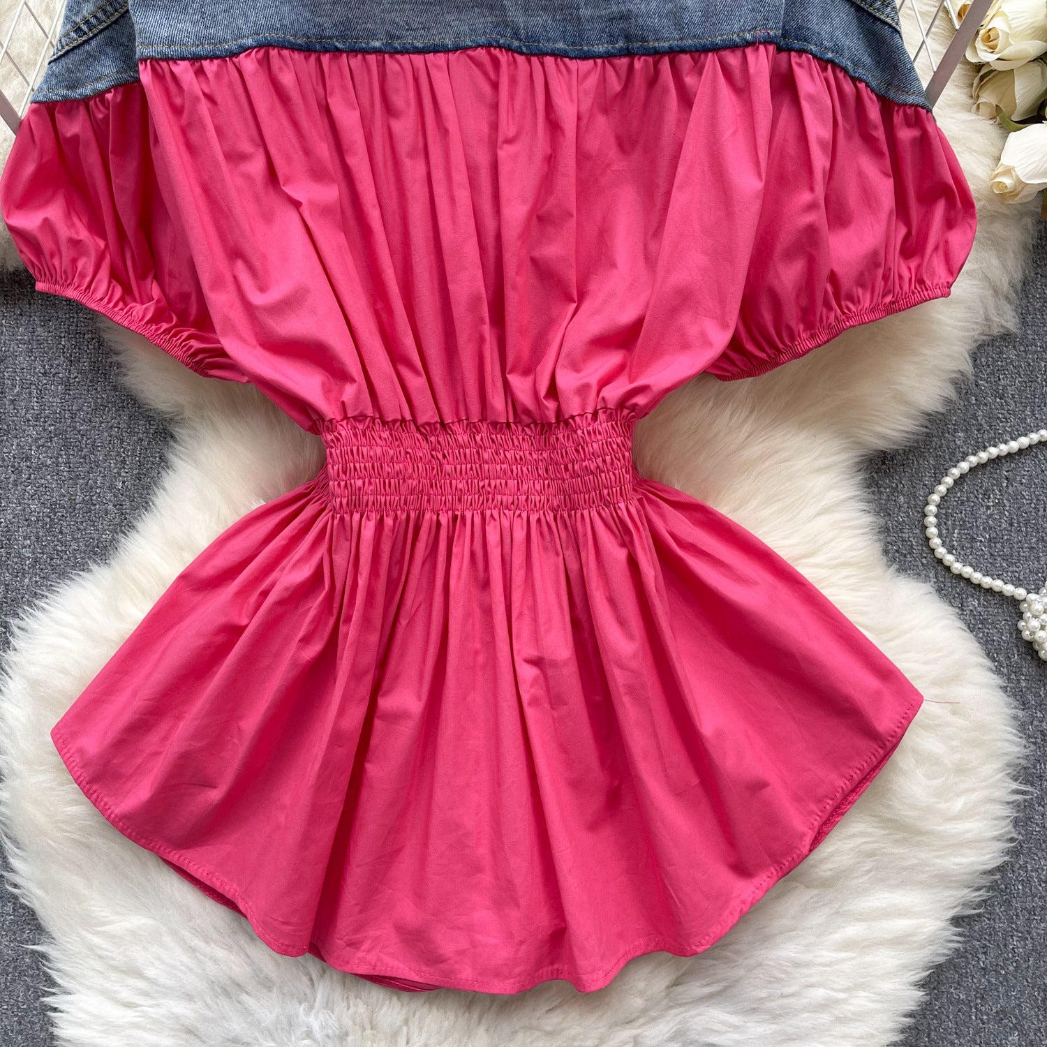 Women Contrast Patchwork Puff Sleeve Stretch Shirt 38